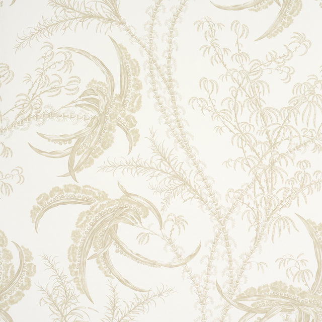 Ocean Toile wallpaper in Sand by Schumacher, featuring an intricate undersea toile pattern in neutral tones, shown in a styled bathroom setting.