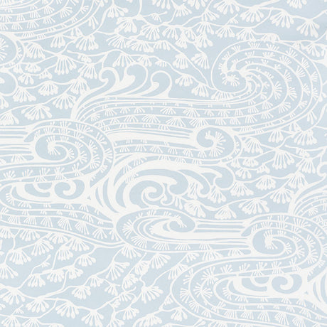 Mizu Sky by Schumacher, a surface-printed wallpaper with swirling garden fantasia in blue and white.