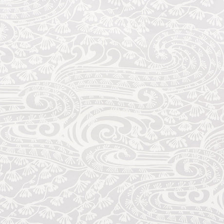 Mizu Grey swirling garden fantasia surface-printed wallpaper by Schumacher, inspired by Japanese woodblocks, shown in styled and detail views.