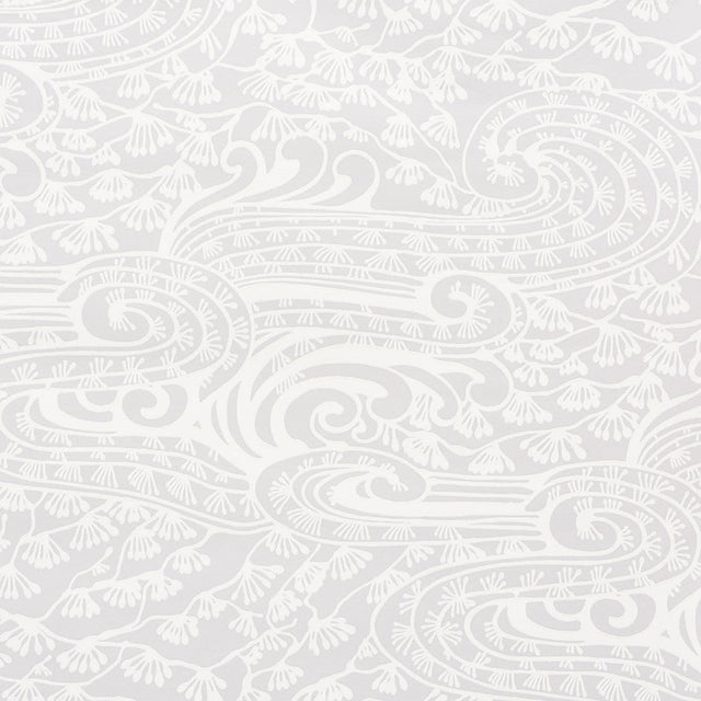 Mizu Grey swirling garden fantasia surface-printed wallpaper by Schumacher, inspired by Japanese woodblocks, shown in styled and detail views.