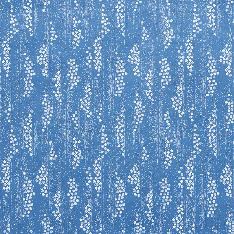 Taki Floral Indigo wallpaper by Schumacher, a hand-screened floral wallcovering inspired by vintage kimono fabric, shown in a blue and white colorway.