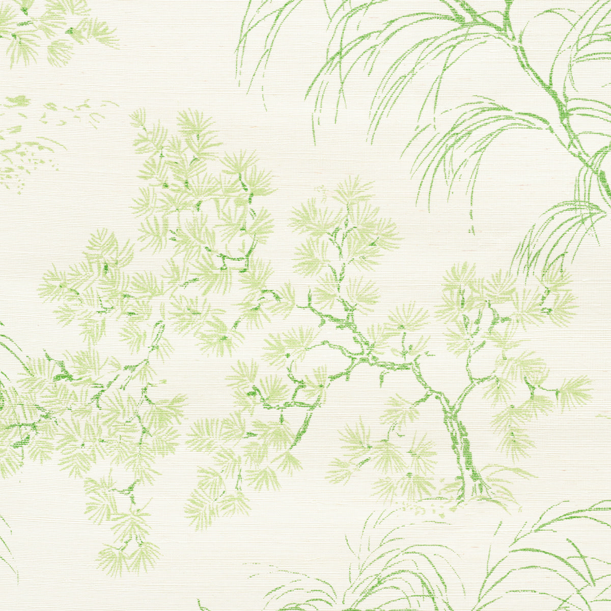 MORI SISAL wallpaper in Leaf by Schumacher, a handpainted botanical print with traditional tree motifs on a textured sisal ground.