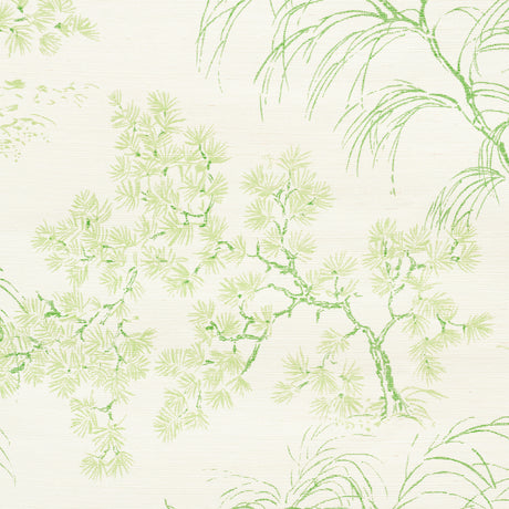 MORI SISAL wallpaper in Leaf by Schumacher, a handpainted botanical print with traditional tree motifs on a textured sisal ground.