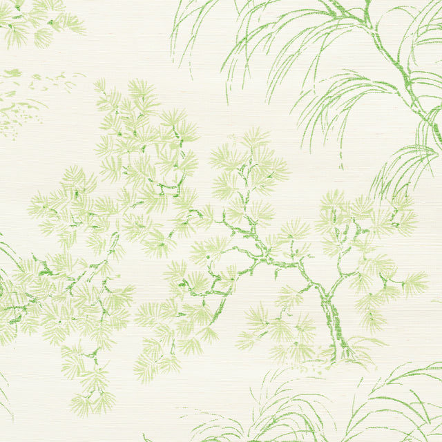 MORI SISAL wallpaper in Leaf by Schumacher, a handpainted botanical print with traditional tree motifs on a textured sisal ground.