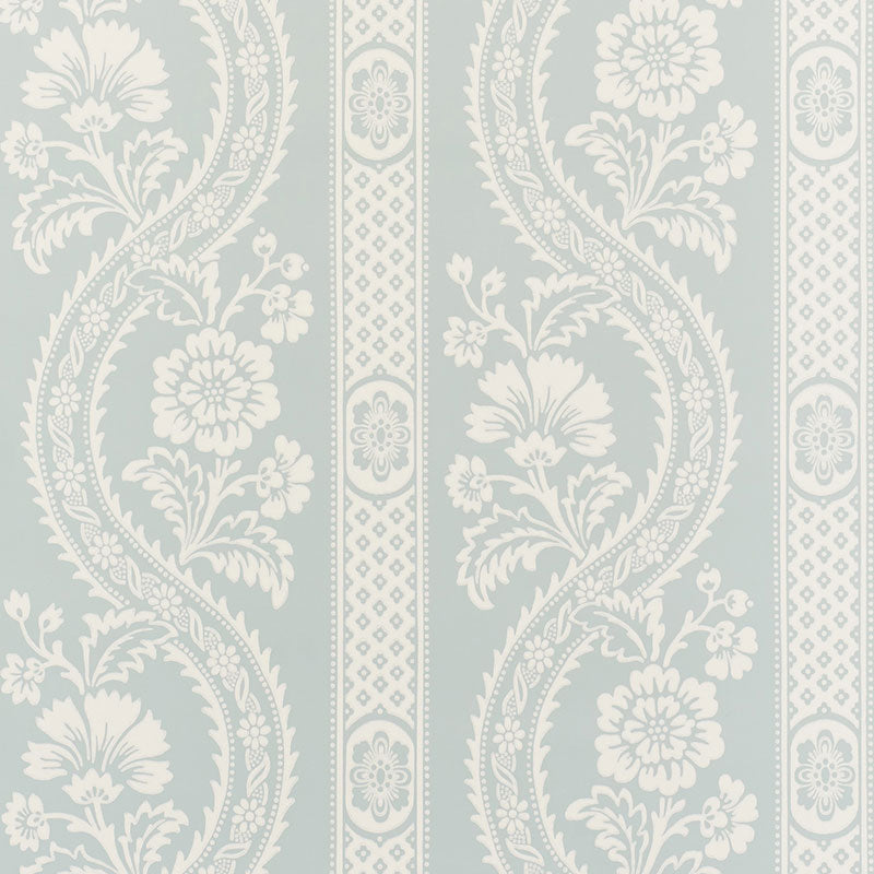 Versailles Mineral botanical stripe wallpaper by Schumacher, surface printed with painterly floral stripes in blue and white.