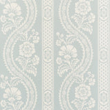 Versailles Mineral botanical stripe wallpaper by Schumacher, surface printed with painterly floral stripes in blue and white.