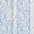 Versailles blue botanical stripe wallpaper with painterly floral pattern by Schumacher, shown in a styled bedroom interior.