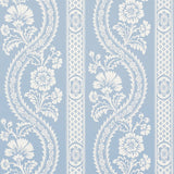 Versailles blue botanical stripe wallpaper with painterly floral pattern by Schumacher, shown in a styled bedroom interior.