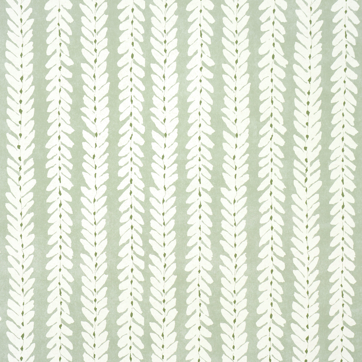 Woodperry Celadon wallpaper by Veere Grenney for Schumacher, featuring a modern botanical stripe design in green and white.