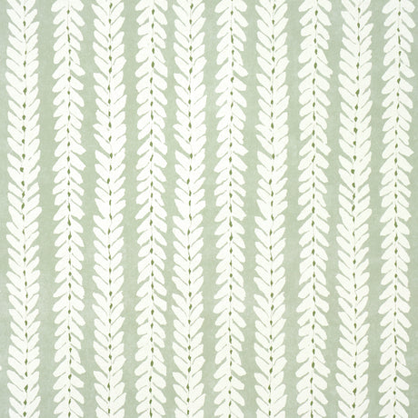Woodperry Celadon wallpaper by Veere Grenney for Schumacher, featuring a modern botanical stripe design in green and white.