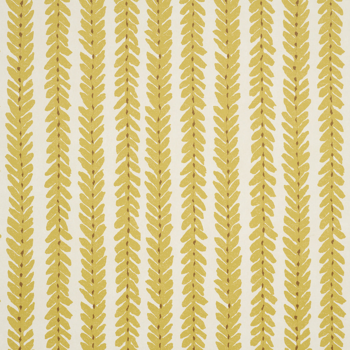 Woodperry Mimosa wallpaper by Veere Grenney for Schumacher, featuring a modern botanical stripe in yellow on white background.