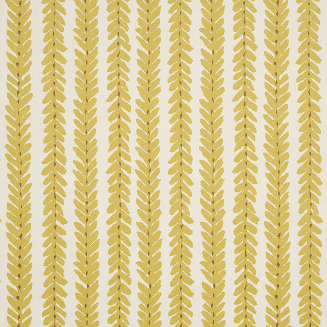 Woodperry Mimosa wallpaper by Veere Grenney for Schumacher, featuring a modern botanical stripe in yellow on white background.
