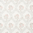 Marella Rose wallpaper by Schumacher featuring a wavy trellis and charming botanical motifs in pink and taupe on a white background.