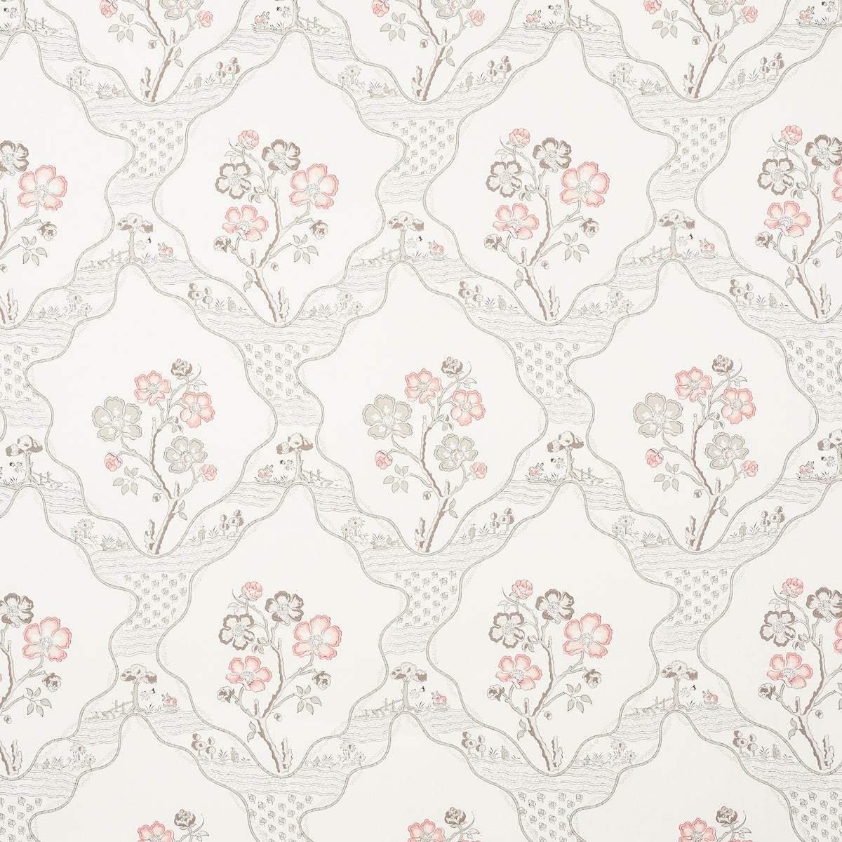 Marella Rose wallpaper by Schumacher featuring a wavy trellis and charming botanical motifs in pink and taupe on a white background.