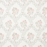 Marella Rose wallpaper by Schumacher featuring a wavy trellis and charming botanical motifs in pink and taupe on a white background.