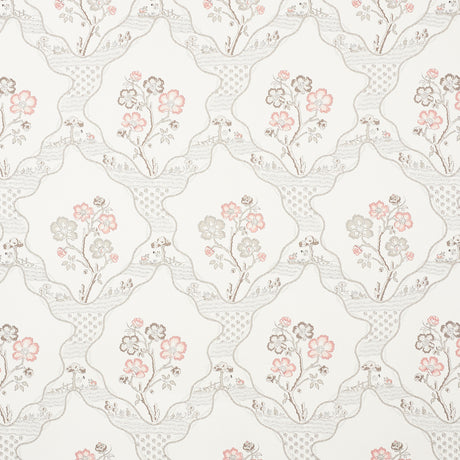 Marella Rose wallpaper by Schumacher featuring a wavy trellis and charming botanical motifs in pink and taupe on a white background.