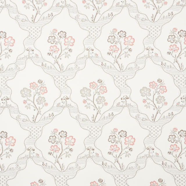 Marella Rose wallpaper by Schumacher featuring a wavy trellis and charming botanical motifs in pink and taupe on a white background.