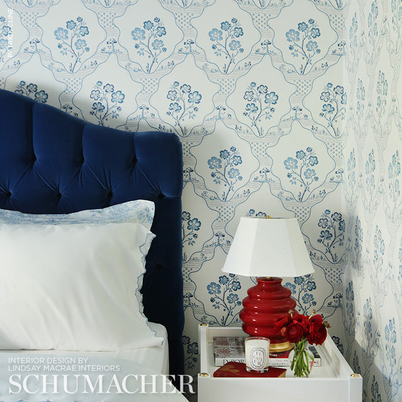 Marella Delft by Schumacher Country Chic Blue Botanical Trellis Wallpaper – Schumacher 5008801