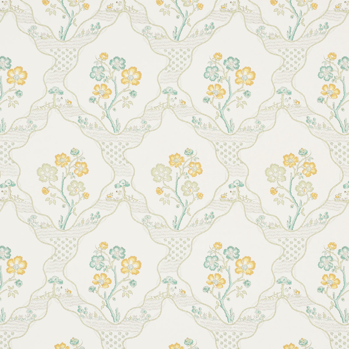 Marella wallpaper in Leaf by Schumacher, featuring a wavy trellis and botanical motifs in green and yellow on a light background.