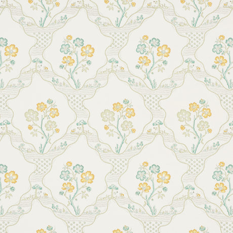 Marella wallpaper in Leaf by Schumacher, featuring a wavy trellis and botanical motifs in green and yellow on a light background.