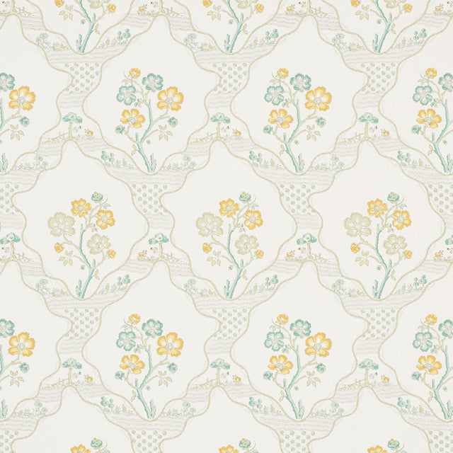 Marella wallpaper in Leaf by Schumacher, featuring a wavy trellis and botanical motifs in green and yellow on a light background.