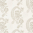 Millicent Grisaille wallpaper by Schumacher, a delicate floral surface-printed design with vintage appeal, shown in a styled bedroom interior.