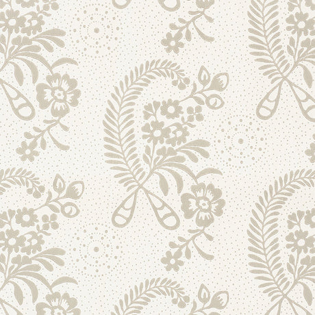 Millicent Grisaille wallpaper by Schumacher, a delicate floral surface-printed design with vintage appeal, shown in a styled bedroom interior.
