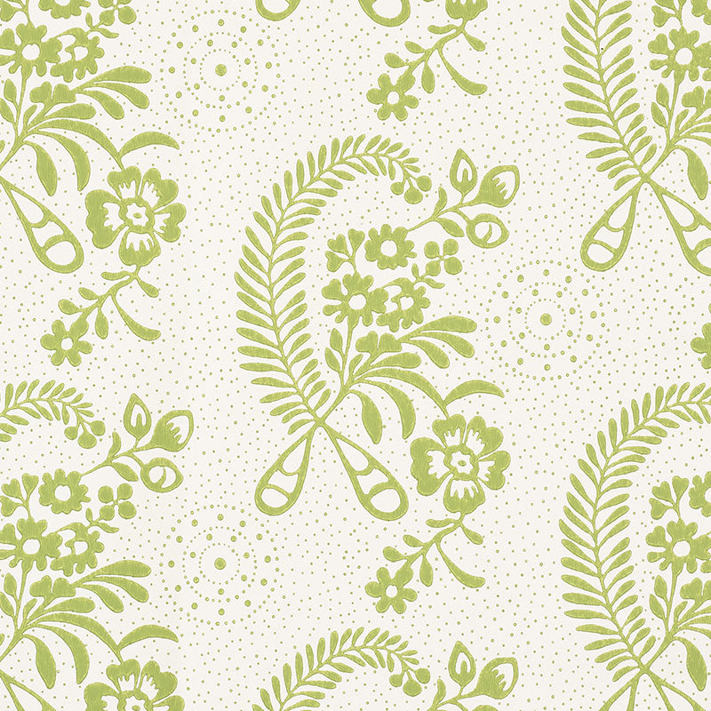 Millicent Leaf wallpaper by Schumacher, a delicate green floral pattern with vintage appeal, designed by Vogue Living.