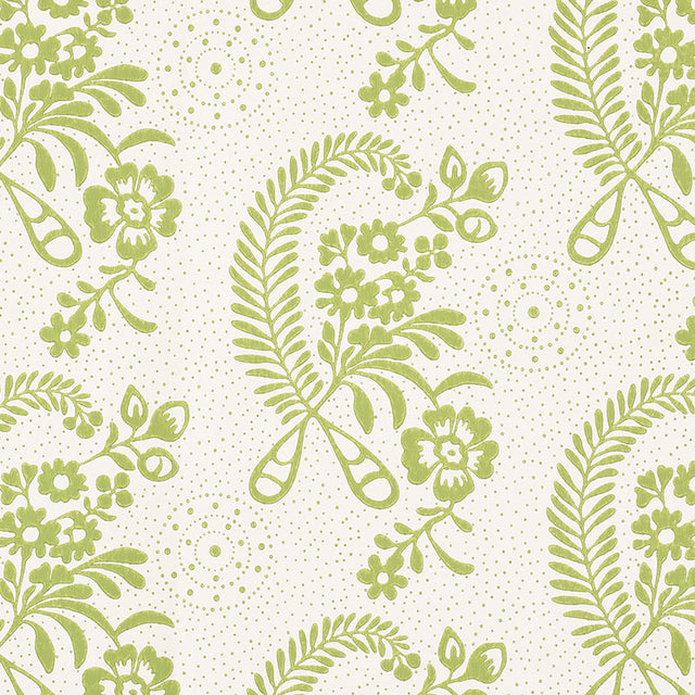 Millicent Leaf wallpaper by Schumacher, a delicate green floral pattern with vintage appeal, designed by Vogue Living.