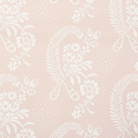 Millicent Rose wallpaper by Schumacher, delicate floral pattern in soft pink and white, surface printed, vintage appeal.