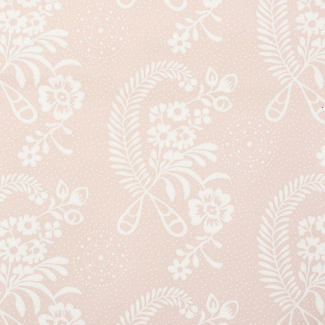 Millicent Rose wallpaper by Schumacher, delicate floral pattern in soft pink and white, surface printed, vintage appeal.