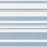 Horizon Paperweave wallpaper in Sky by Schumacher features crisp, multi-width horizontal blue and white stripes with a textured ground.