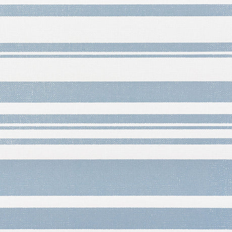 Horizon Paperweave wallpaper in Sky by Schumacher features crisp, multi-width horizontal blue and white stripes with a textured ground.