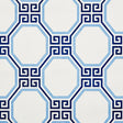 Octavia Paperweave wallpaper in Marine by Schumacher, featuring a blue octagonal geometric pattern with Greek key accents.