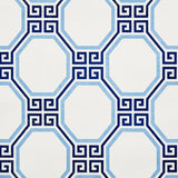 Octavia Paperweave wallpaper in Marine by Schumacher, featuring a blue octagonal geometric pattern with Greek key accents.