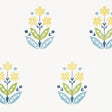 Floweret Paperweave wallpaper in Summer colorway by Schumacher, featuring a stylized floral pattern in yellow, green, and blue on a white background.