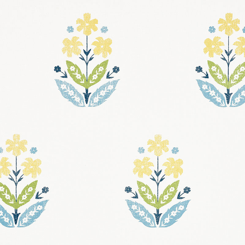 Floweret Paperweave wallpaper in Summer colorway by Schumacher, featuring a stylized floral pattern in yellow, green, and blue on a white background.