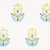 Floweret Paperweave wallpaper in Summer colorway by Schumacher, featuring a stylized floral pattern in yellow, green, and blue on a white background.
