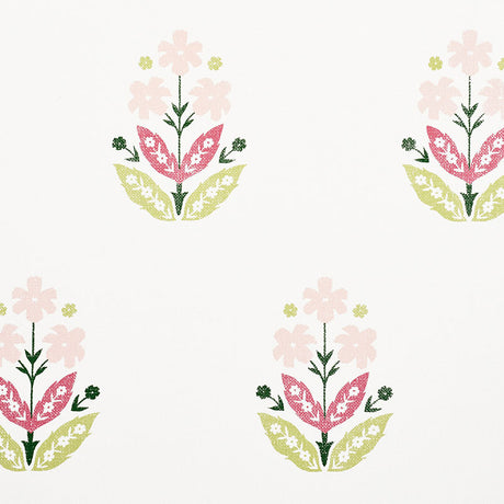 Floweret Paperweave wallpaper in Spring colorway by Schumacher, featuring stylized pink and green floral motifs on a white background.