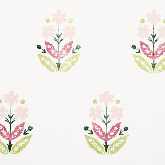 Floweret Paperweave wallpaper in Spring colorway by Schumacher, featuring stylized pink and green floral motifs on a white background.