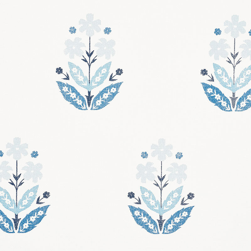 Floweret Paperweave wallpaper in Porcelain by Schumacher, featuring a blue and white stylized floral pattern on a textured background.