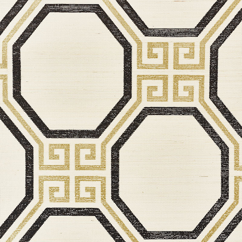 Octavia Sisal Gold & Jet by Schumacher Geometric Greek Key Wallpaper – Schumacher 5008930