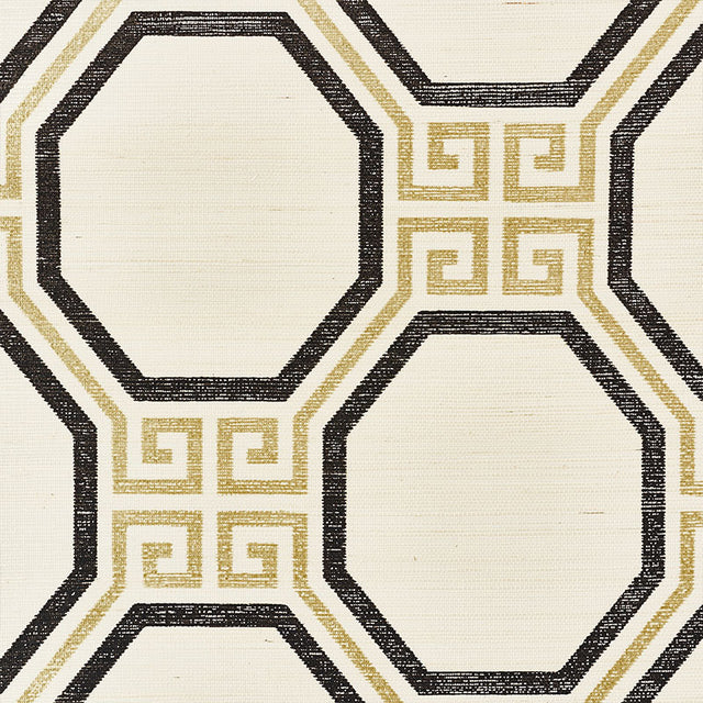 Octavia Sisal Gold & Jet by Schumacher Geometric Greek Key Wallpaper – Schumacher 5008930