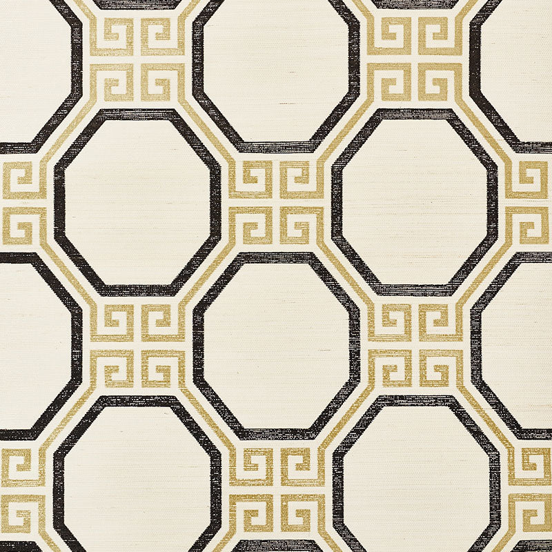 Octavia Sisal wallpaper in gold and jet with octagonal Greek key pattern by Schumacher