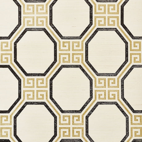 Octavia Sisal wallpaper in gold and jet with octagonal Greek key pattern by Schumacher
