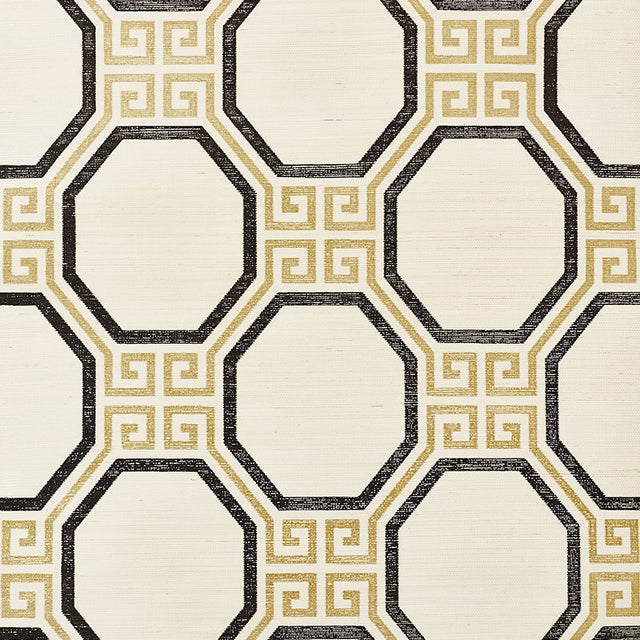 Octavia Sisal wallpaper in gold and jet with octagonal Greek key pattern by Schumacher