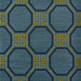 Octavia Sisal wallpaper in Peacock by Schumacher, featuring an octagonal geometric pattern with Greek key accents in blue and gold tones.