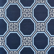Octavia Sisal navy blue geometric Greek key octagonal pattern wallpaper by Schumacher shown in a styled bathroom interior.
