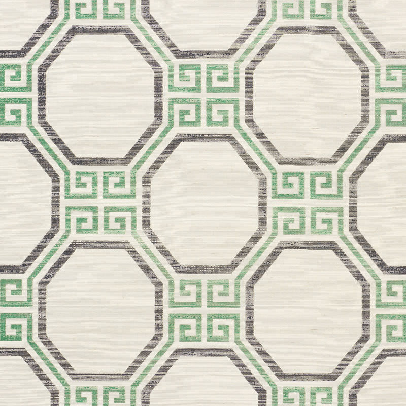 Octavia Sisal Jade geometric Greek key octagonal pattern wallpaper by Schumacher, shown in a modern dining room setting.