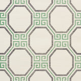 Octavia Sisal Jade geometric Greek key octagonal pattern wallpaper by Schumacher, shown in a modern dining room setting.